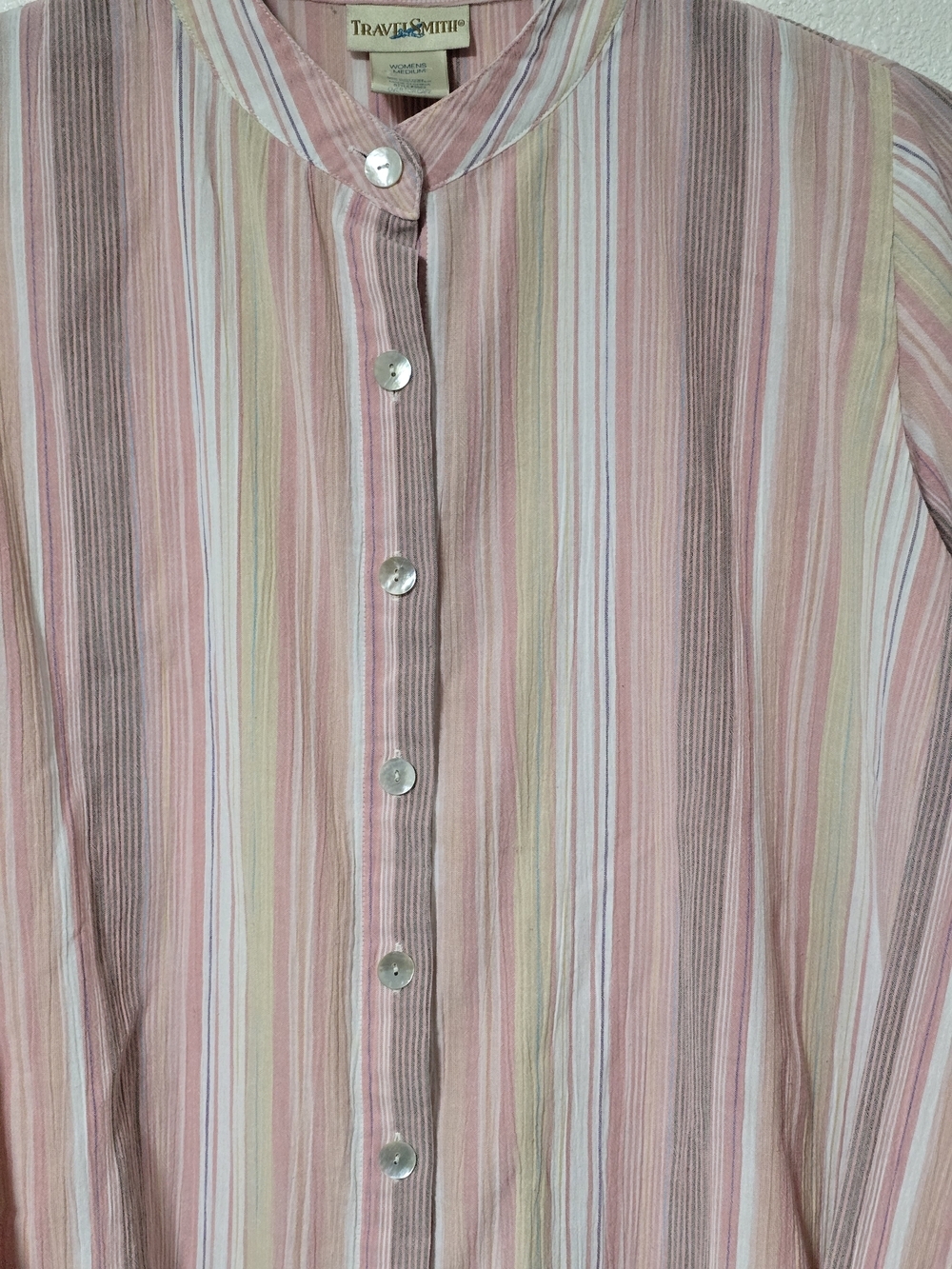 TravelSmith Pink & Cream Striped Mandarin-Collar Blouse - Picture 2 of 7